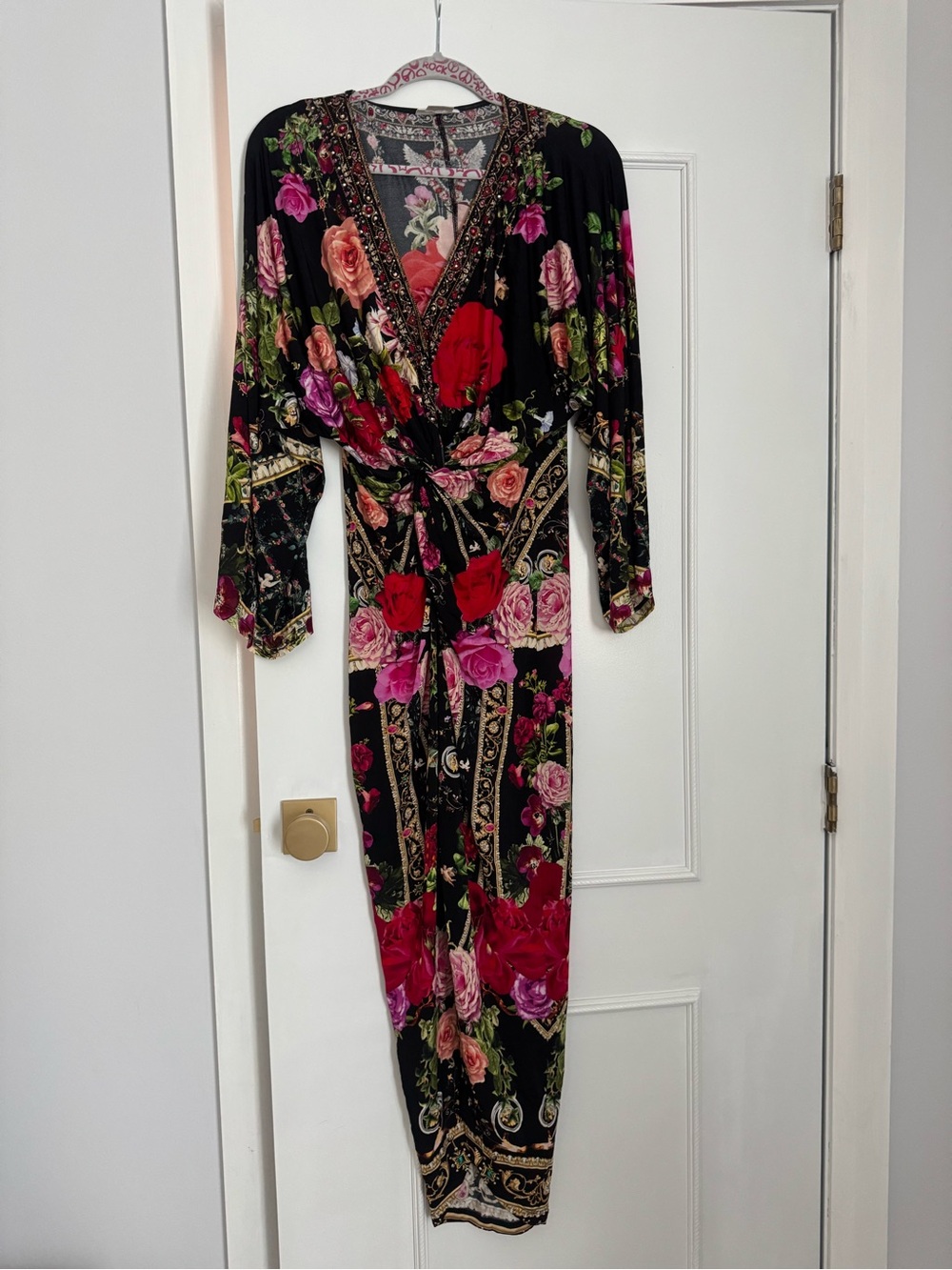 Camilla Black Floral Wrap Dress with Pink & Red Blooms and crystals